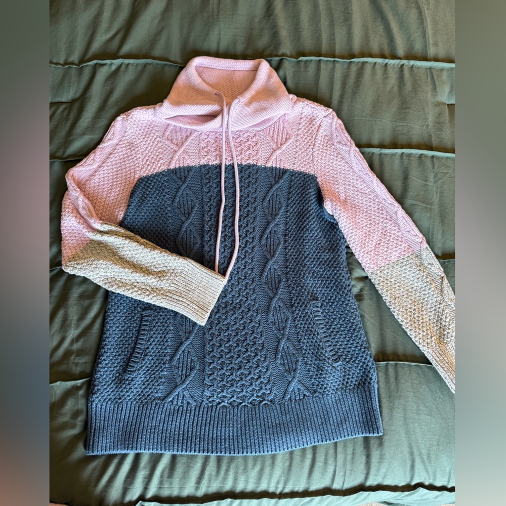 LL Bean Signature Gray, Navy and Lavender Cowl Turtleneck Sweater